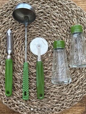 Vintage Green Handle Kitchen Utensil Set with Glass Shakers